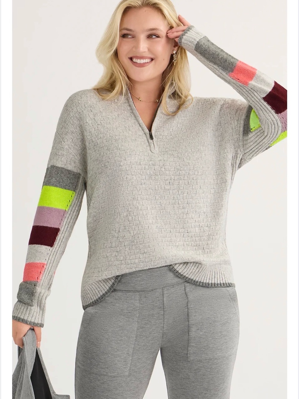 CAbi Light Gray Quarter Zip Sweater with Neon and Berry Sleeve Blocks